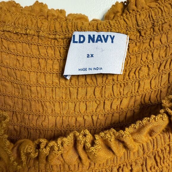 Old Navy Women Blouse 2X Ancient Gold Puff-Sleeve Smocked Embroidered Babydoll - Picture 5 of 9
